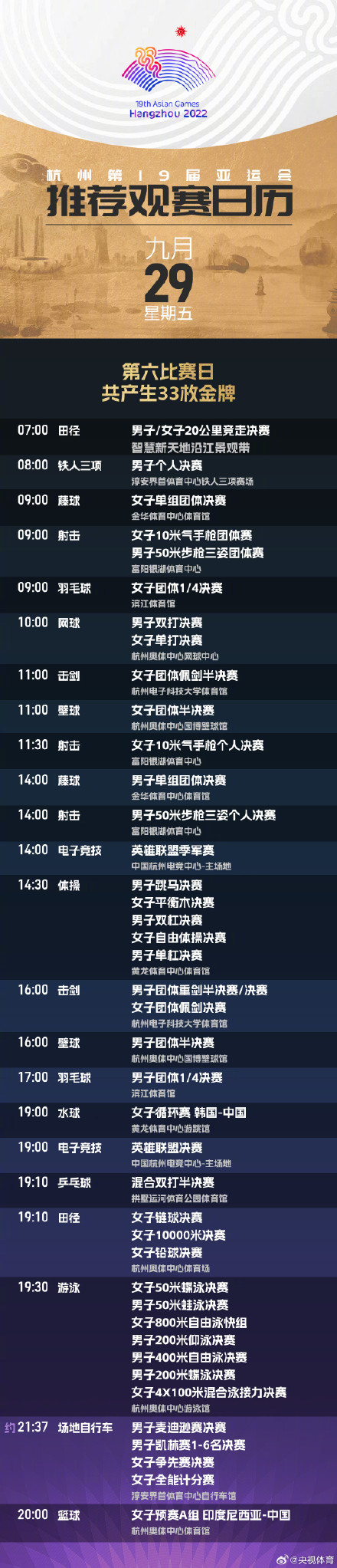 转发收藏！杭州亚运会最新观赛日历