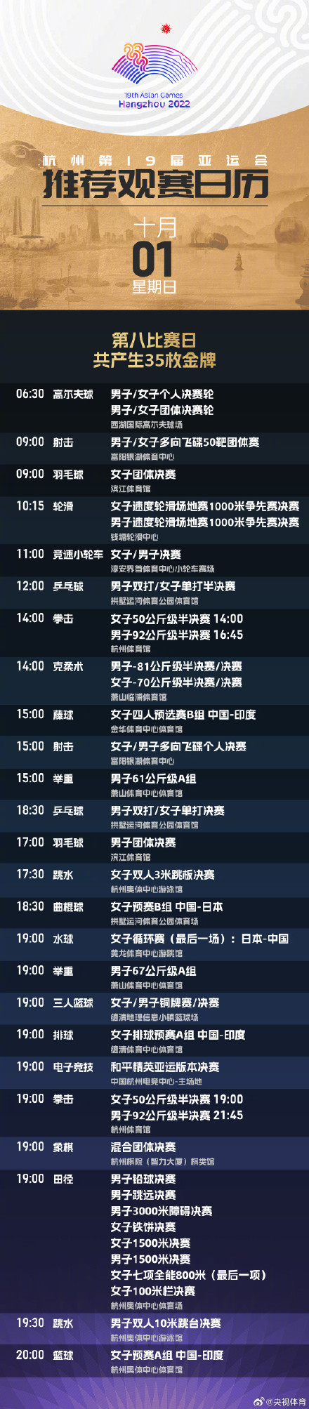 转发收藏！杭州亚运会最新观赛日历
