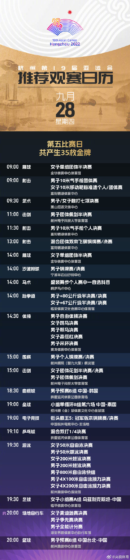 转发收藏！杭州亚运会最新观赛日历