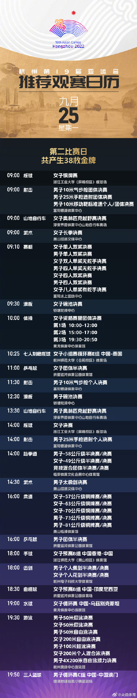 转发收藏！杭州亚运会最新观赛日历