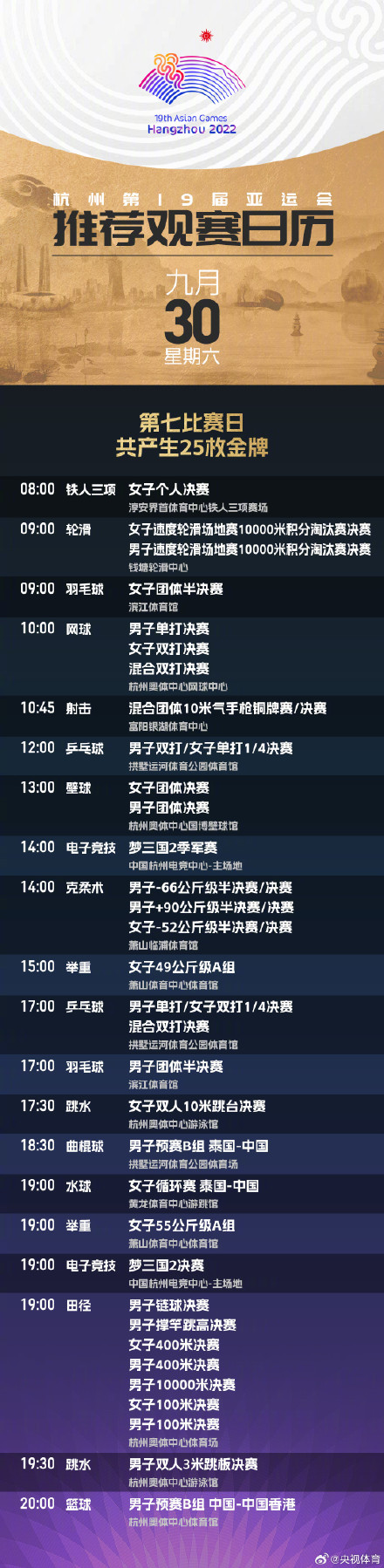 转发收藏！杭州亚运会最新观赛日历