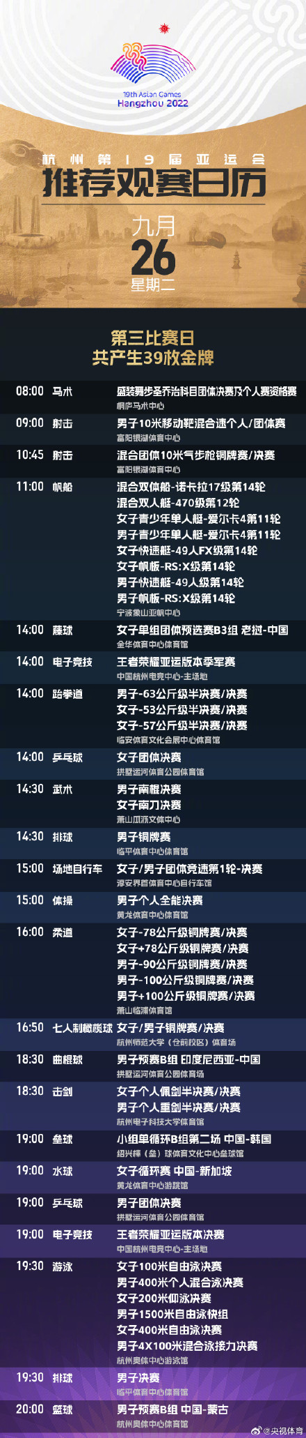 转发收藏！杭州亚运会最新观赛日历