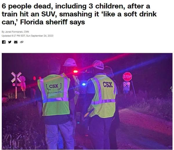 美国佛州一列火车与汽车相撞 &nbsp;致6人遇难