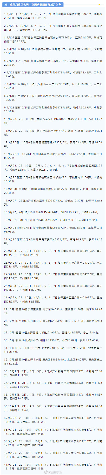 西南铁路加开热门方向列车，含“红眼”动车、全列卧铺