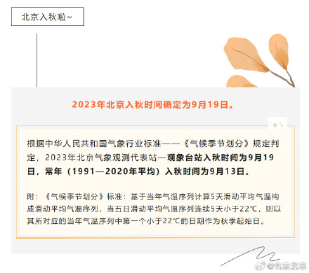 确定啦！北京今年入秋日为9月19日，比常年晚6天
