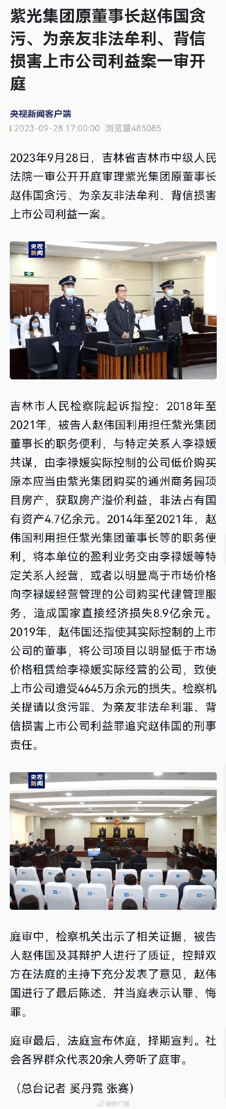 紫光集团原董事长赵伟国受审