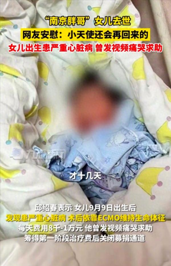 “南京胖哥”出生仅21天的女儿离世，公布捐款使用情况