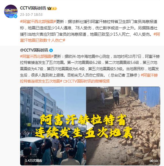 阿富汗接连发生地震，已造成至少14人遇难、78人受伤