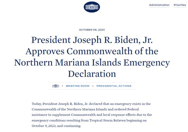 美国总统拜登批准北马里亚纳群岛联邦进入紧急状态 美国总统拜登批准北马里亚纳群岛联邦进入紧急状态