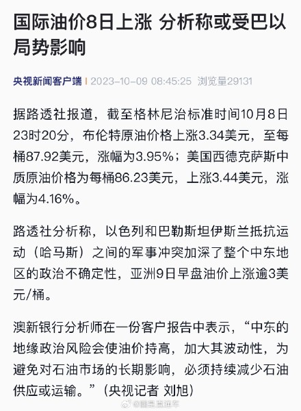 分析师:国际油价8日上涨或受巴以局势影响 分析师:国际油价8日上涨或受巴以局势影响