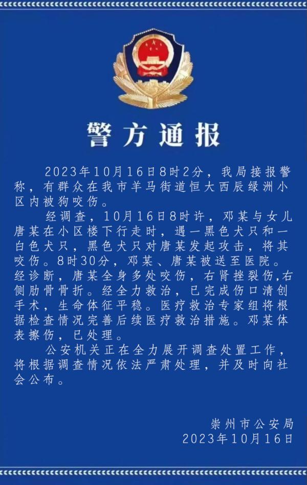 成都一女童在小区被狗咬伤,警方通报:右肾挫裂伤、右侧肋骨骨折 成都一女童在小区被狗咬伤,警方通报:右肾挫裂伤、右侧肋骨骨折