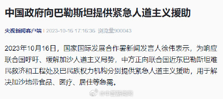 中方向巴勒斯坦提供人道主义援助