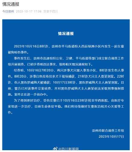 官方通报：崇州伤人黑犬主人到案