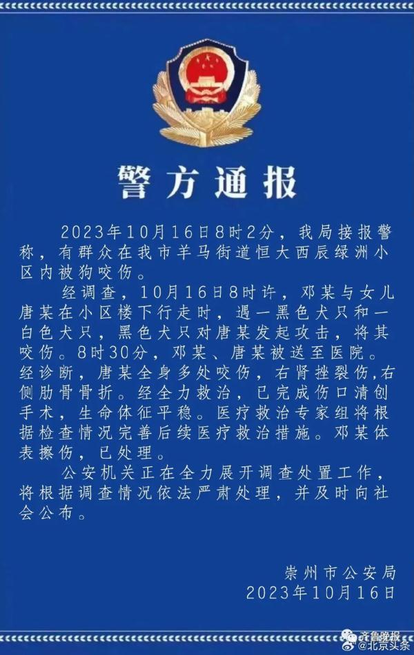 全网关注！2岁女童遭小区烈犬撕咬致严重受伤！警方通报→