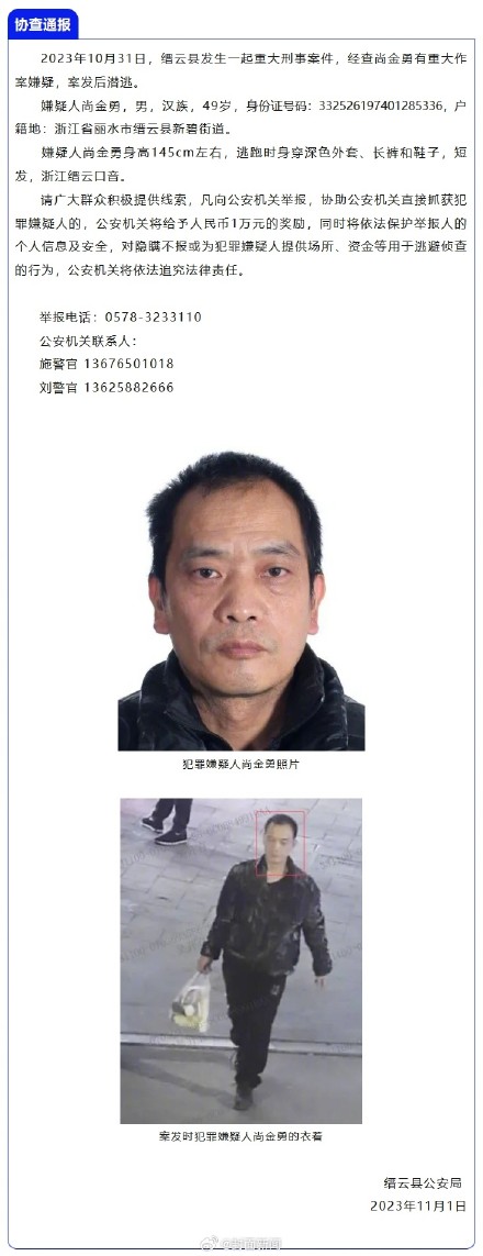 浙江警方悬赏1万抓重大刑案逃犯