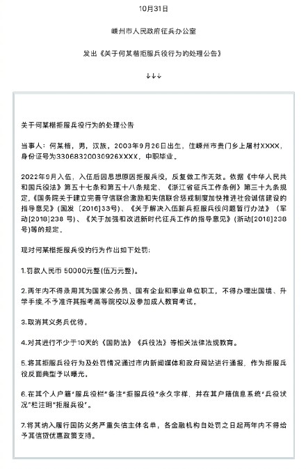 一00后拒服兵役依规受7项处罚 一00后拒服兵役依规受7项处罚
