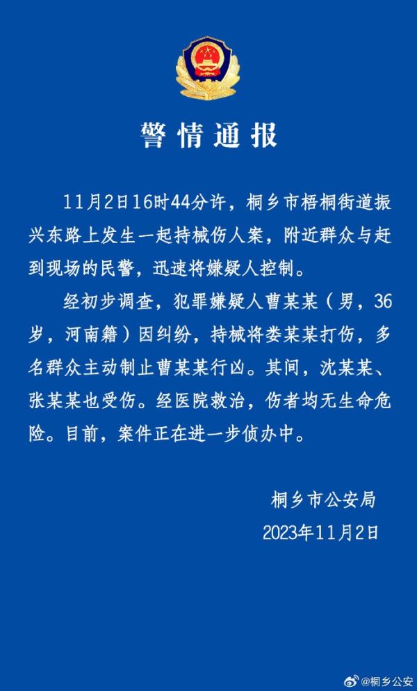 浙江桐乡通报“持械伤人案”:多名群众主动制止,伤者均无生命危险 浙江桐乡通报“持械伤人案”:多名群众主动制止,伤者均无生命危险