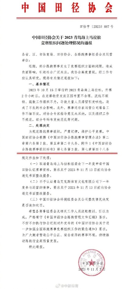 田协处罚青岛海上马拉松组委会