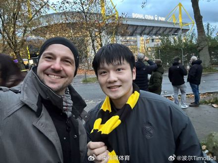 樊振东与波尔现场观战多特