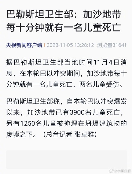 巴勒斯坦卫生部：加沙地带每10分钟就有1名儿童死亡