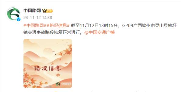 中国路网：G209广西钦州市灵山县檀圩镇交通事故路段恢复正常通行