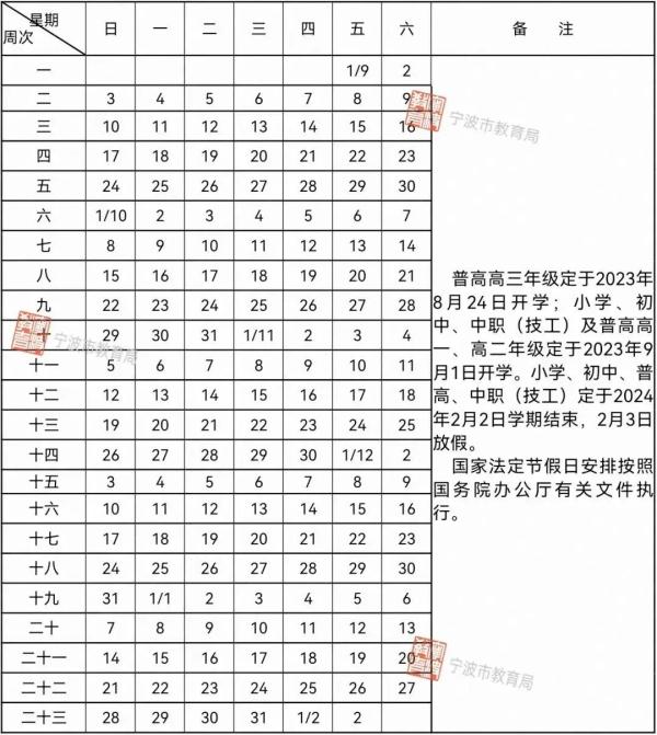 宁波中小学寒假放假时间出炉：共23天