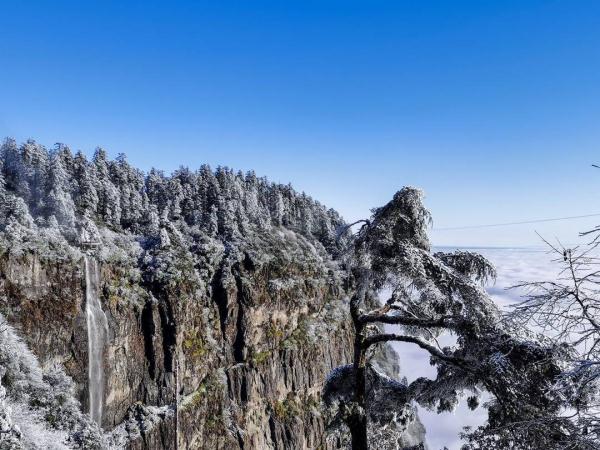 四川瓦屋山迎来初雪！云海、飞瀑美不胜收