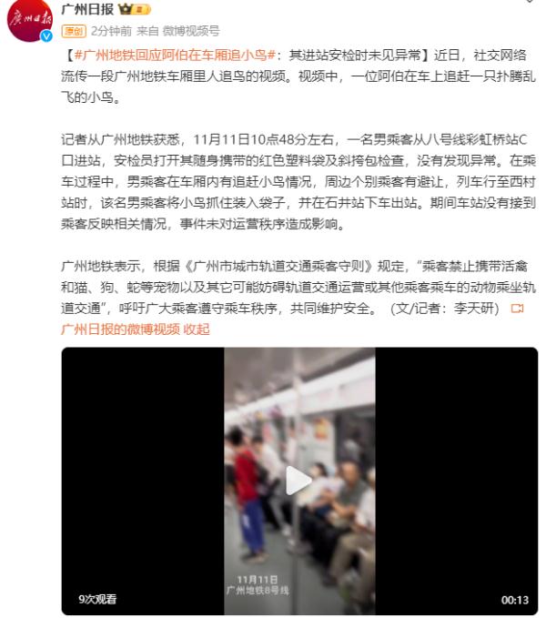 广州地铁回应阿伯在车厢追小鸟：其进站安检时未见异常