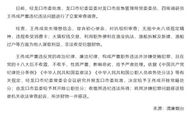 山东龙口市应急管理局党委委员、四级调研员王伟成被开除党籍和公职