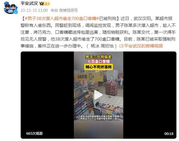 男子38次潜入超市偷走700盒口香糖，已被警方采取强制刑事措施