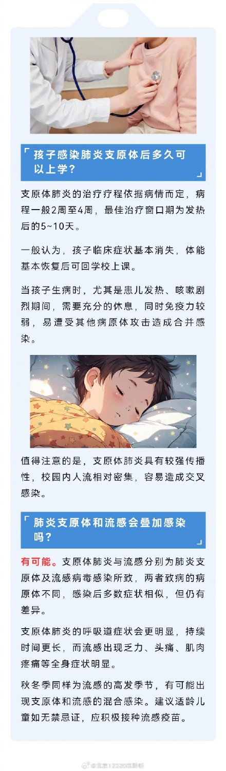 孩子感染肺炎支原体后，多久可以上学？肺炎支原体和流感会叠加感染吗？