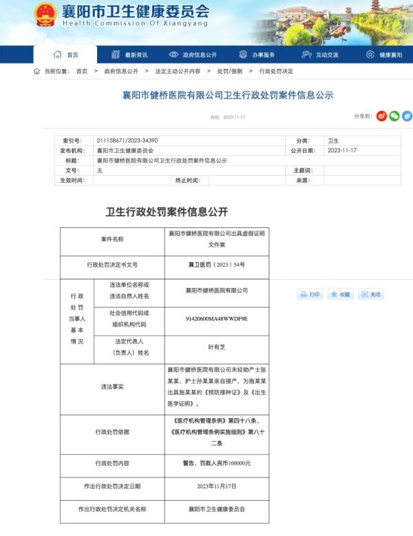 襄阳健桥医院违规开出生证被行政处罚