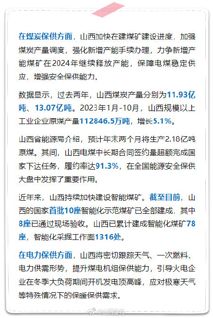 前10月山西规上企业产煤11.28亿吨