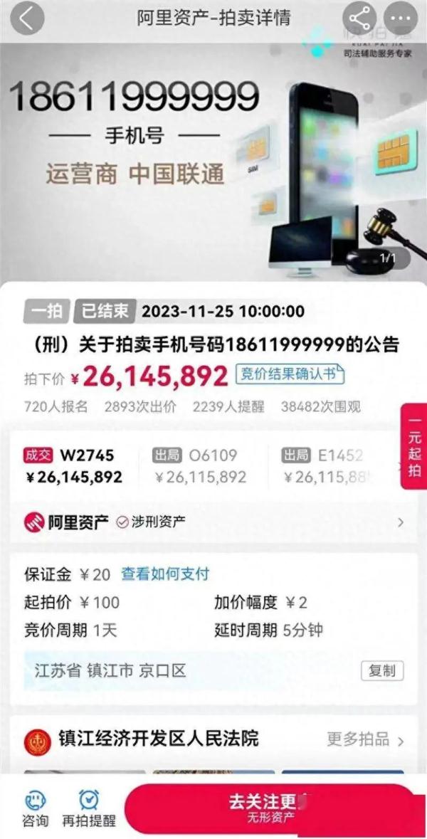 尾号999999的法拍手机号码，以2614万元“天价”成交