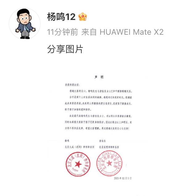 刚刚！杨鸣官宣离婚