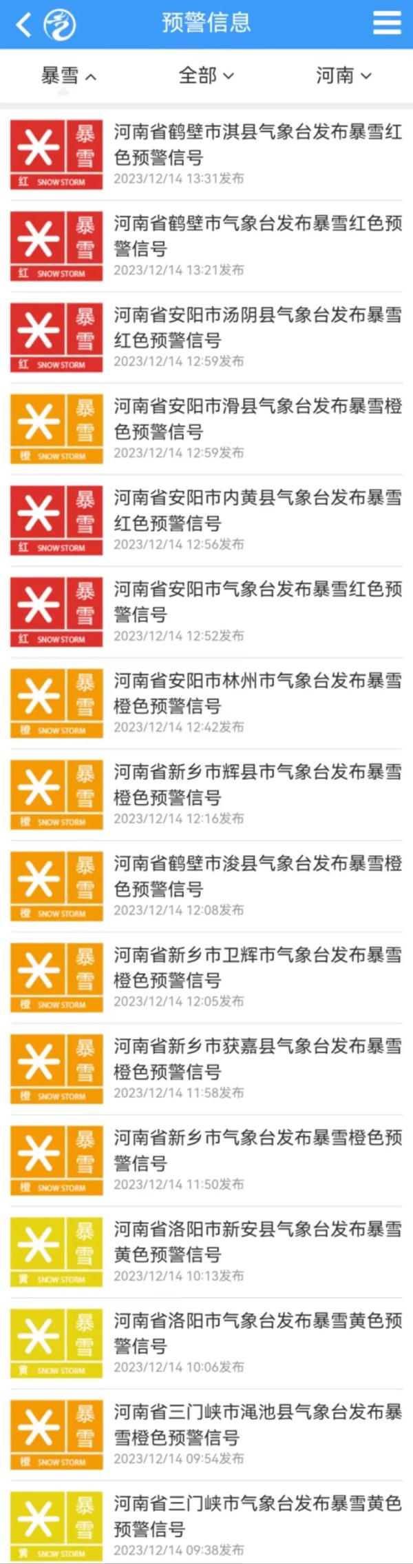 降雪何时到你家？河南雨雪进程图来了！多地暴雪预警升级为红色→