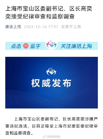 上海市宝山区委副书记、区长高奕奕接受纪律审查和监察调查