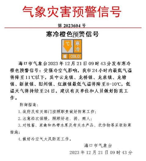 冷冷冷！海南最低气温10℃及以下！10个市县发布寒冷橙色预警