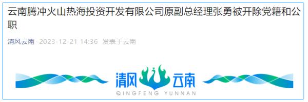 云南腾冲火山热海投资开发有限公司原副总经理张勇被开除党籍和公职 云南腾冲火山热海投资开发有限公司原副总经理张勇被开除党籍和公职