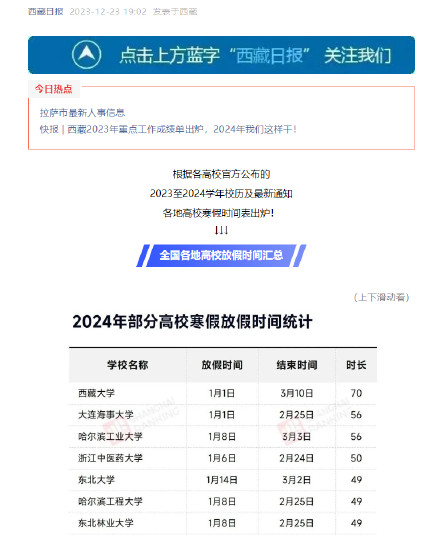 西藏大学寒假有70天假期 西藏大学寒假有70天假期
