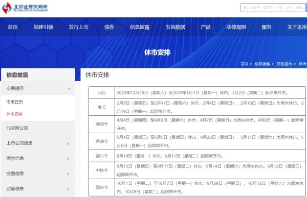 沪深北交易所公布2024年休市安排 除夕当日休市