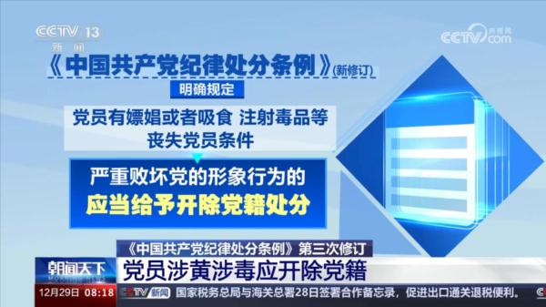 新修订《中国共产党纪律处分条例》明确，涉黄涉毒行为严重的开除党籍