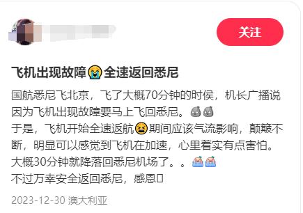 悉尼飞北京航班出现故障返航，亲历者发文！国航最新通报→