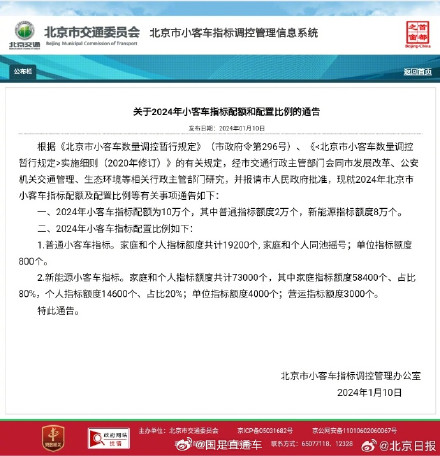 2024年北京小客车指标配额10万个,其中新能源指标额度8万个 2024年北京小客车指标配额10万个,其中新能源指标额度8万个