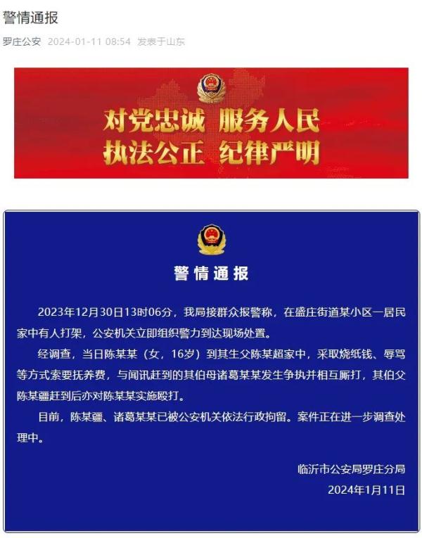 “16岁女孩讨要抚养费被打”，山东警方通报