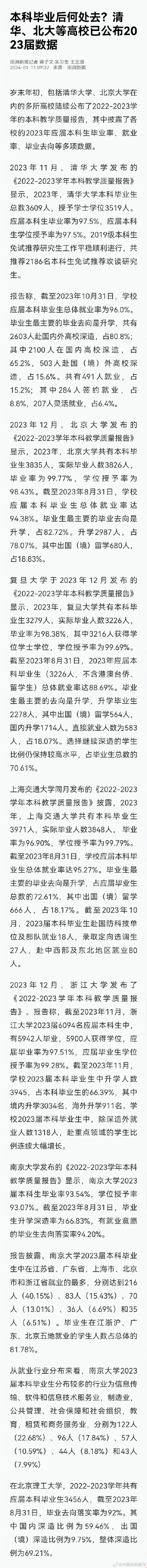 清华北大本科毕业后何处去？多所高校公布2023届本科生就业率数据