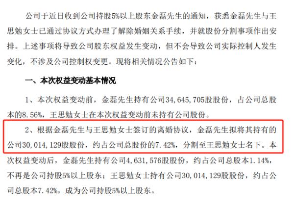 天价离婚！女方分走价值40亿元股份！