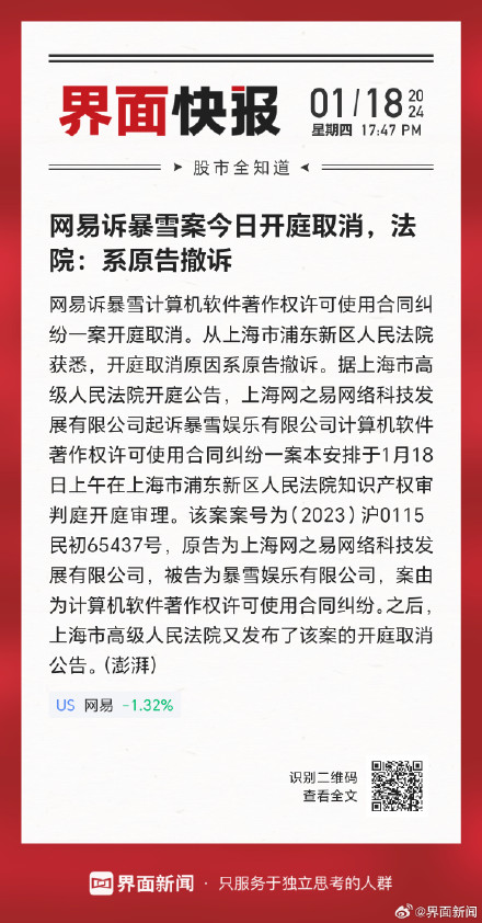 网易诉暴雪案今日开庭取消，法院：系原告撤诉