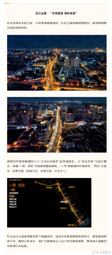 上海内环高架路杨浦段夜景照明换新装，一带四区打造特色夜间景观