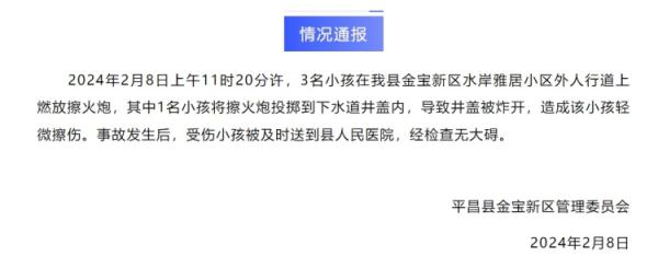 四川平昌通报“小孩燃放擦火炮致井盖炸开”:1人轻微擦伤无大碍 四川平昌通报“小孩燃放擦火炮致井盖炸开”:1人轻微擦伤无大碍
